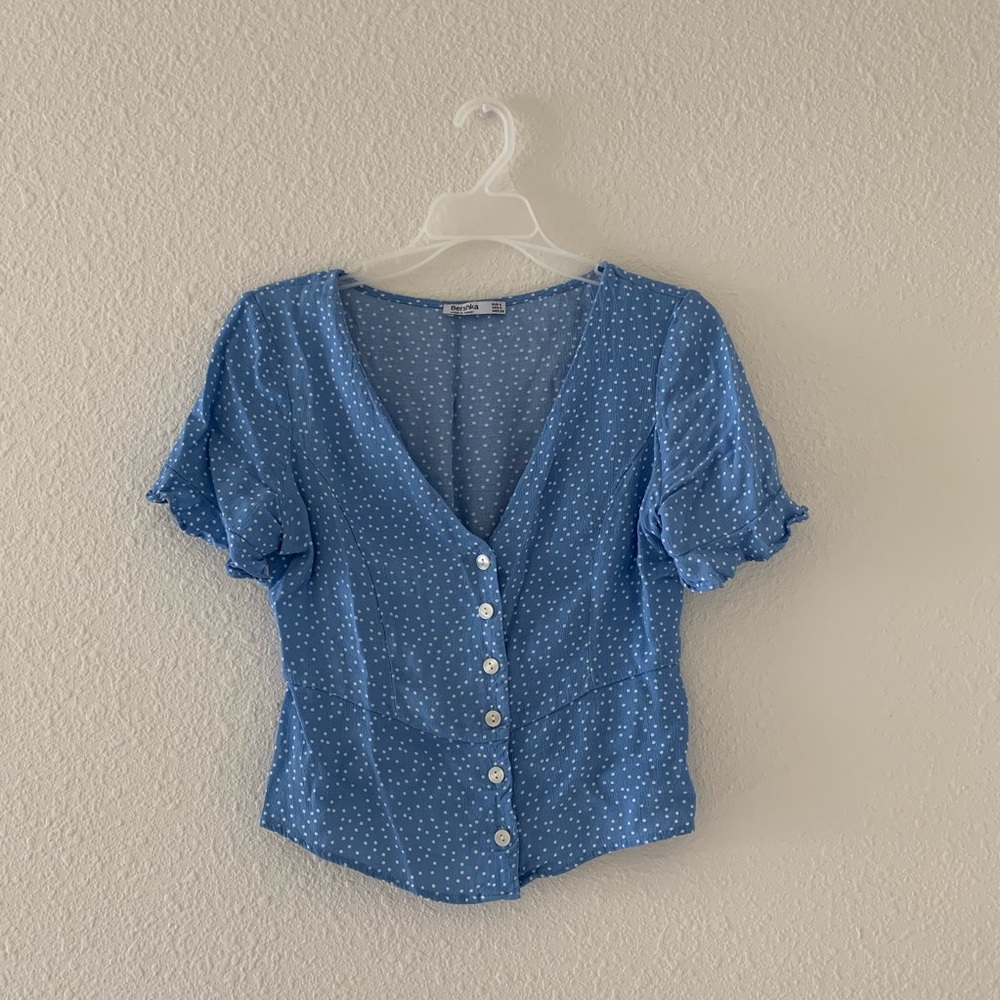 Bershka Blue and White Polka Dot Blouse